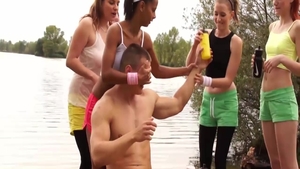 Busty couple CFNM workout in public