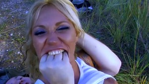 Big boobs mature Ginger Hell dick sucking outdoors